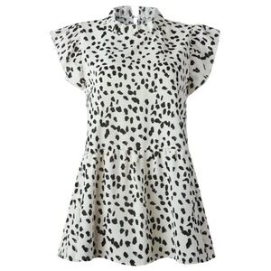ENTRO • Ruffled Sleeve Button Closure Polka Dots Leopard Printed Pleated Shirt